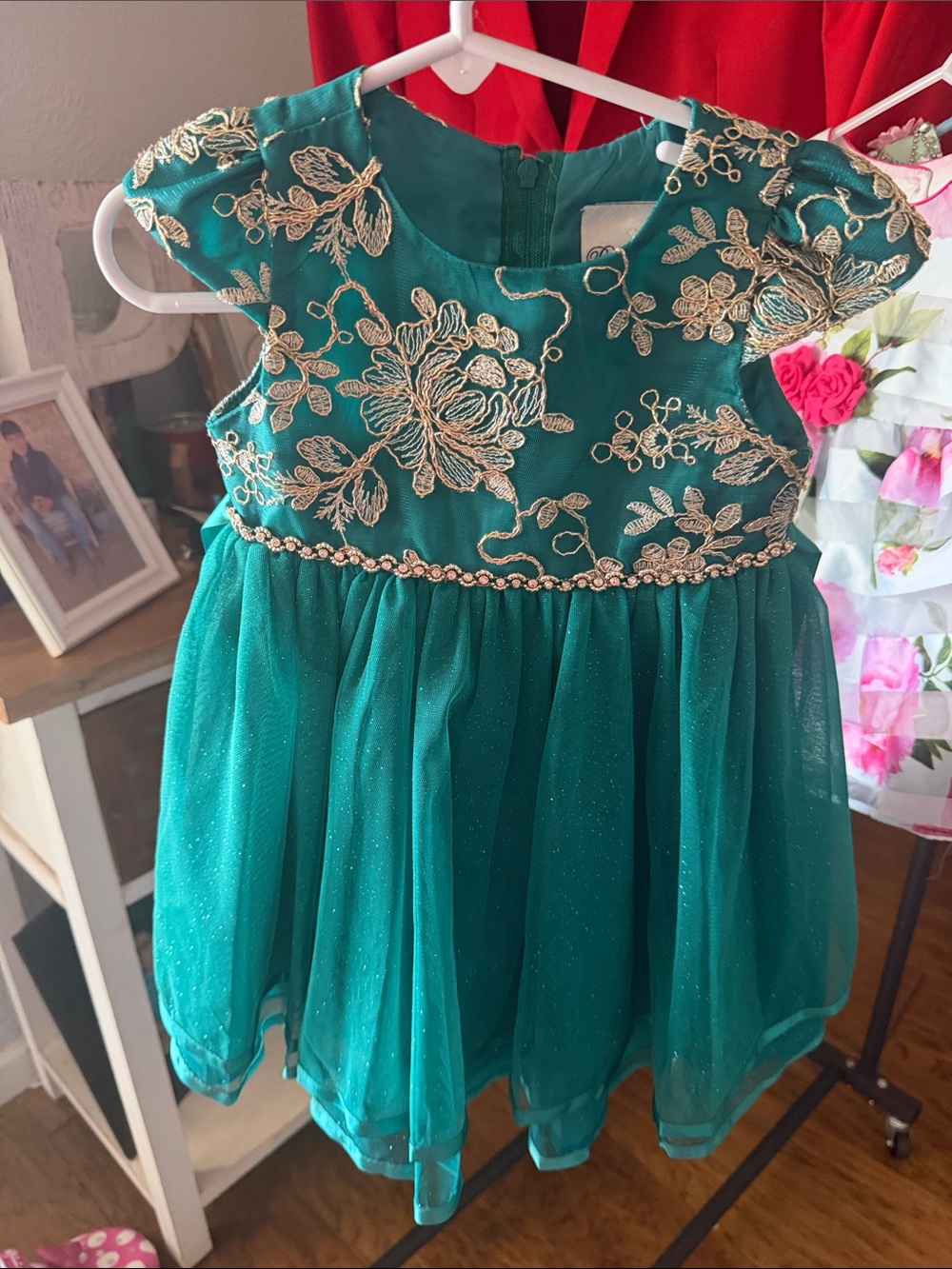 Rare Editions Teal Green Sparkle Embroidered Party Dress
